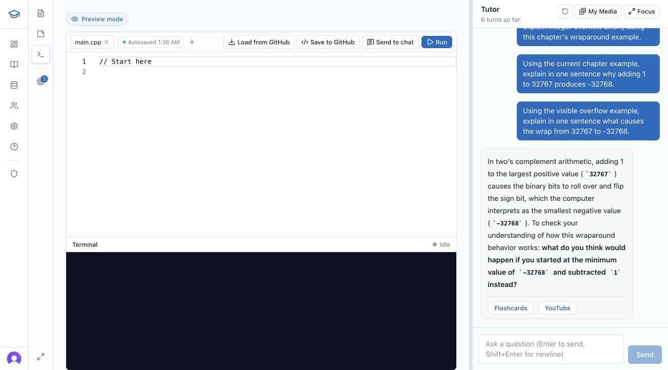 StudySite programming workspace with code editor, terminal, and contextual tutor