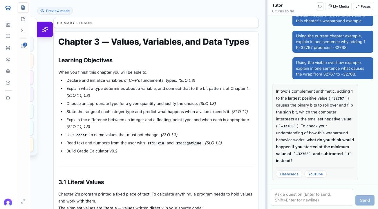 StudySite learning canvas showing a C++ lesson beside the contextual tutor