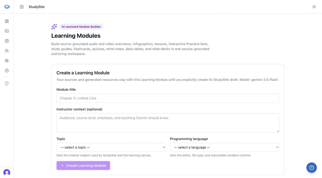 StudySite AI-assisted Learning Modules authoring workspace available to instructors after adoption